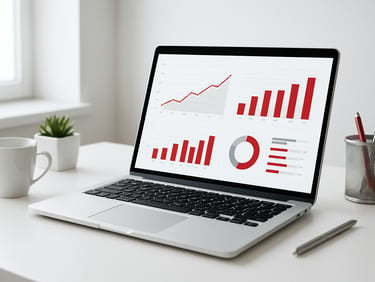 Bright minimalist photography, clean white workspace, soft natural daylight, a sleek laptop showing a clean financial dashboard, silver and red accents, sharp focus, 35mm