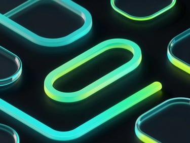 Abstract 3D glassmorphism UI elements showcasing fluid app transitions on a dark background, electric cyan and neon lime rim lights, tight crop.