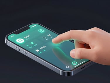 Close-up macro of a hand interacting with a sleek 3D digital render of a casual game interface on a smartphone, glowing neon cyan accents, glassmorphism, dark background, isometric perspective.