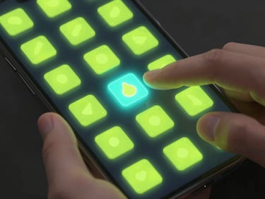 sleek 3D digital render of a casual puzzle game interface on a smartphone, showing vibrant neon lime elements and fluid physics, high-contrast dark background, glassmorphism, isometric perspective, octane render, hands interacting with touchscreen, tight macro crop
