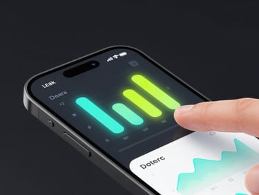 sleek 3D digital render of a data visualization app interface on a smartphone, showing real-time analytics, high-contrast dark background, glowing neon lime accents, glassmorphism, isometric perspective, octane render, tight macro crop on screen with finger tapping