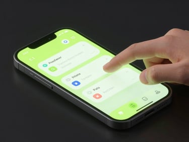Close-up macro of a hand interacting with a sleek 3D digital render of a productivity app interface on a smartphone, glowing neon lime accents, glassmorphism, dark background, isometric perspective.