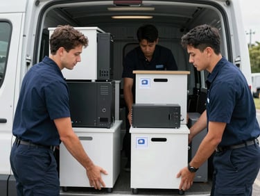 Movers in matching uniforms systematically loading labeled office IT equipment and desks onto a clean transport vehicle.