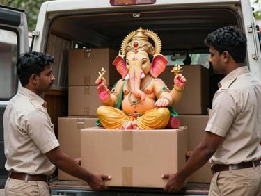 Ganpati crew members in uniform carefully loading heavy-duty cardboard boxes onto a clean transport vehicle.