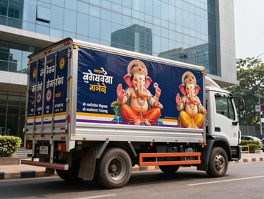 Branded Ganpati transport truck parked outside a modern glass corporate office building in Bangalore during daytime.