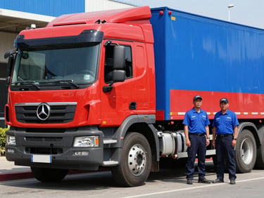A bold red and blue Waste Fighters truck parked curbside under bright midday daylight, professional crew members in clean uniforms standing ready, sharp focus, 35mm lens