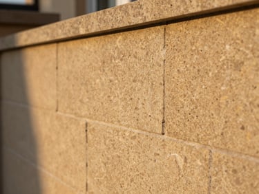 A close-up of hand-dressed warm limestone masonry on an estate retaining wall, rich natural textures, soft golden-hour light, shallow depth of field