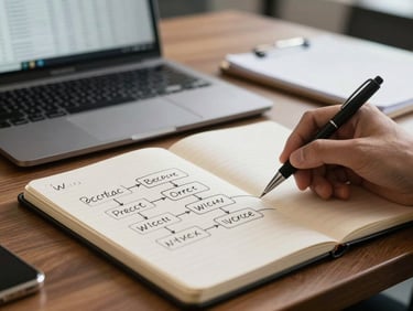 Close-up of a notepad with handwritten process flow diagram on a conference table, pen resting mid-annotation, laptop open in background showing a spreadsheet, available office light, desaturated tones