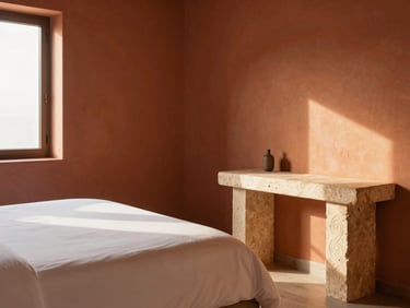 Minimalist hotel room with warm terracotta walls, clean white bedding, a carved stone desk, and soft window light.