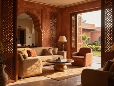 Luxury hotel suite with a separate lounge area, terracotta accents, hand-carved jali screens, and warm golden hour lighting.