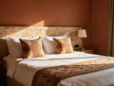 Bright hotel room featuring a king bed with block-print cushions, sand-colored stone details, and warm morning light.