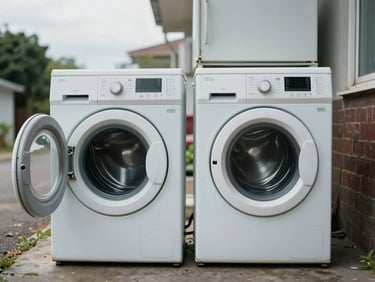 Wide shot of an old washing machine and refrigerator side by side on a driveway, overcast daylight, no people