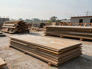Environmental wide shot of a cleared renovation site with stacked drywall scraps and lumber piles on a concrete floor, morning overcast light