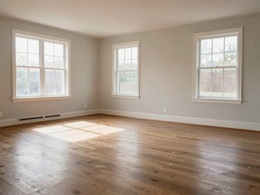 Wide shot of a freshly cleared living room after an estate cleanout, empty floor, natural daylight through windows, no furniture remaining