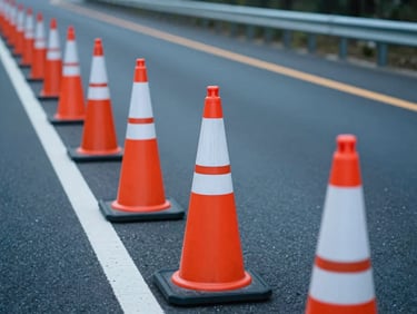 Orange traffic cones and delineator posts arranged along a highway lane closure, wide shot, cool daylight, road markings visible
