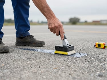 Worker applying waterborne road marking paint with a hand-liner tool on a concrete surface, overcast morning light, measuring tape visible nearby