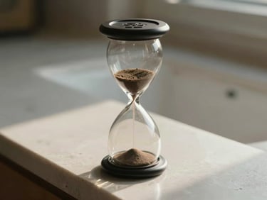 An elegant hourglass sitting on a clean stone ledge, soft shadows, quiet morning light.