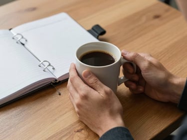 A person's hands holding a simple ceramic mug of coffee, sitting at a clean oak table with a structured planner.