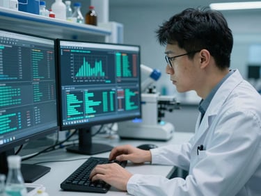 Focused bioengineer analyzing high-precision data on a dual monitor setup, cool clinical lighting, turquoise highlights, sharp focus