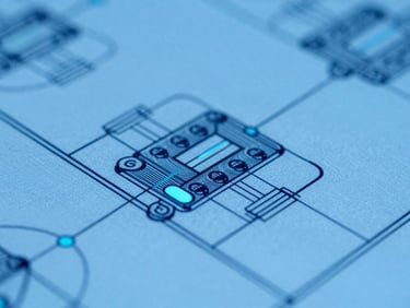Macro close-up of a technical schematic blueprint on a digital screen, crisp laboratory photography, cool clinical lighting, deep blue tones