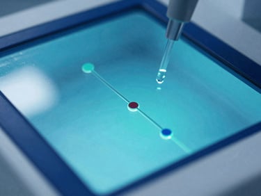 Macro shot of clean laboratory testing equipment with digital overlays showing microfluidic analysis, cool clinical lighting, 35mm