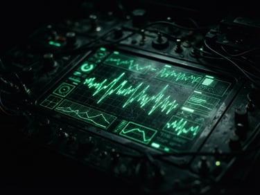 Macro close-up of a dark telemetry dashboard with glowing neon green line charts, high contrast shadows, shallow depth of field, 35mm