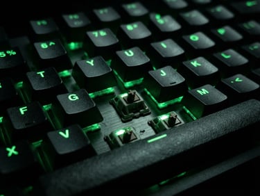 Macro shot of a mechanical keyboard under sharp neon green ambient lighting, high contrast shadows, technical wireframe overlays