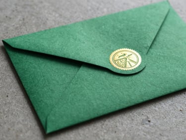 Extreme close-up of custom-dyed green paper envelope with gold foil stamping, resting on a concrete surface.
