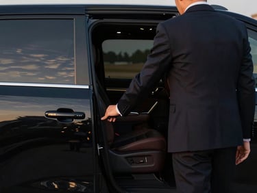 Professional chauffeur in a suit opening the door of a black luxury SUV for executive transport service.