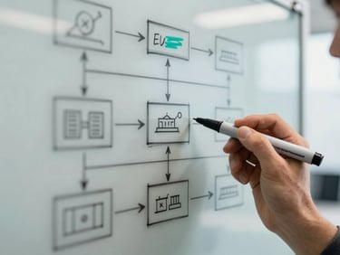 Close-up macro shot of hands sketching a detailed system architecture diagram on a glass whiteboard. Sharp, precise black and teal dry-erase marker lines are visible. Bright, clean office lighting with natural exposure.