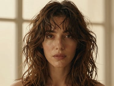 Candid portrait of a woman with dry, frizzy, heat-damaged hair, dull texture, flat lighting