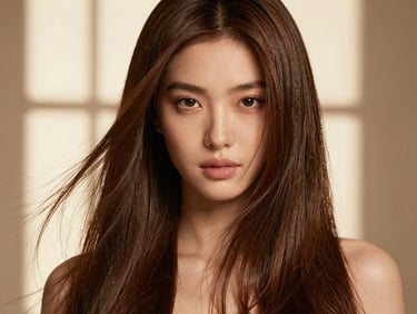 Elegant portrait of a woman with perfectly aligned, glossy, healthy hair, soft studio lighting, high-end editorial style