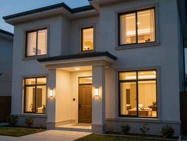 Modern townhouse exterior at twilight, warm entrance lights, clean architectural lines, 35mm