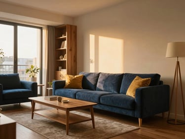 Modern cozy apartment living room, golden hour interior light, warm wood accents, 35mm