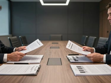 Wide shot of a business meeting in a modern boardroom, two executives studying printed reports on a long table, clean overhead lighting, minimalist dark interior, no faces visible, focus on documents and hands
