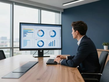 Wide shot from the right side of a modern boardroom, a business owner reviewing analytics on a large monitor, clean natural light through floor-to-ceiling windows, sharp focus on the screen data and the executive's deliberate posture, deep navy walls suggesting premium environment