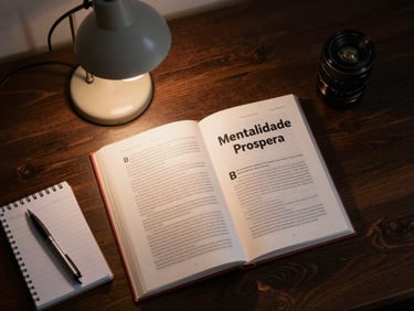 Overhead framing of an open book titled Mentalidade Prospera on a dark wooden desk beside a pen and a small notebook with handwritten notes, single focused lamp light creating warm contrast against the dark surface