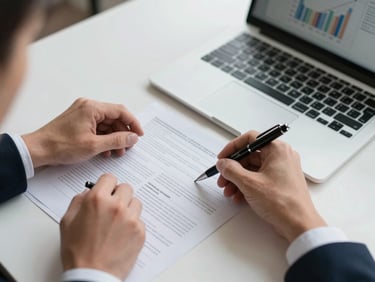 Close-up overhead of a business owner's hands annotating a printed strategy document with a pen, a laptop open beside it showing a graph, crisp natural light from above on a clean white desk surface