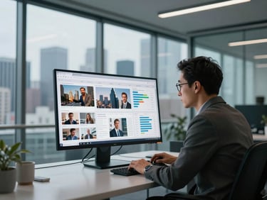Environmental wide shot of a professional in a glass-walled office reviewing social media analytics on a large monitor, city skyline blurred in the background through floor-to-ceiling windows, cool studio lighting, sharp foreground detail on the screen