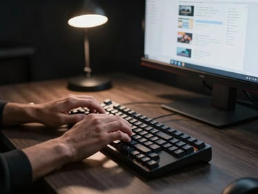 Hands on a mechanical keyboard in a dark home office, a second monitor displaying a website wireframe in the background, a single focused desk lamp illuminating the work surface, high-contrast studio-style lighting