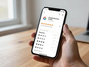 Close-up of a smartphone displaying a Google Business Profile with strong reviews, held in a hand above a wooden desk, shallow depth of field, bright natural window light from the side, clean minimal background