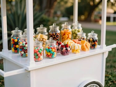 Close-up of a beautifully styled white mobile snack cart at an outdoor garden wedding, warm golden hour light, colorful glass jars filled with Mexican candies and fresh fruit cups, 35mm photography