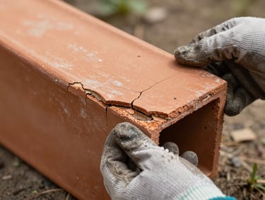 Close-up of cracked terracotta flue liner tile with spalled edges, hands in work gloves steadying a replacement section beside it, natural exterior daylight, tight environmental framing