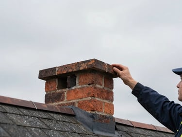 Wide environmental shot of a chimney cap being lowered onto a brick chimney stack on a rooftop, technician's hands visible steadying the cap, overcast natural daylight, roof shingles visible in the lower frame