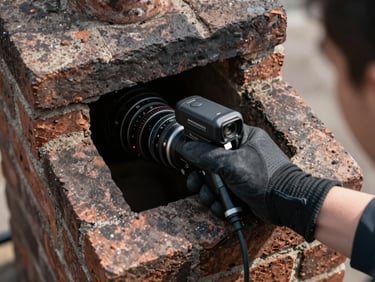Close-up of a technician's gloved hand holding a small video camera probe inside a dark brick chimney flue, natural daylight from above, rough mortar texture visible in sharp detail