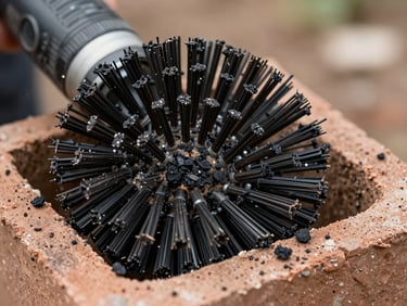 Close-up of a stiff wire chimney brush head loaded with black creosote flakes, bristles spread mid-stroke inside a clay flue tile, natural on-site daylight, macro framing