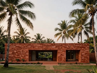 Wide architectural elevation of a modern open-air villa in Goa, built with red laterite stone, surrounded by lush green coconut palms under a soft morning sky, medium format film.