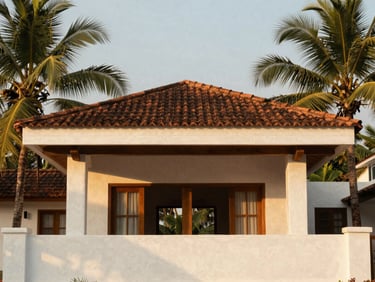 Architectural elevation of a coastal villa in Goa, white lime-plaster walls, terracotta tiled roof, deep overhangs, framed by palm trees, soft golden hour light.
