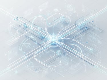 Isometric 3d render of abstract geometric motion paths intersecting with clean UI wireframes, bright high-key studio lighting, minimalist tech aesthetic, crisp focus.