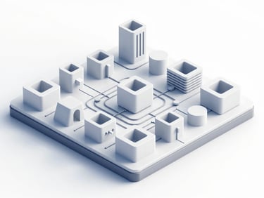 Clean isometric 3D render of a stylized architectural model representing complex data flows, bright studio lighting, soft shadows.